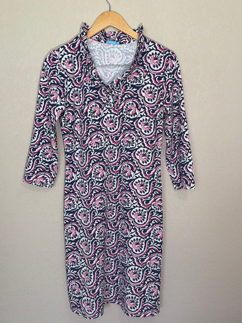 J. McLaughlin Agnetta Geo Catalina 3/4-sleeve dress ruffled V-neckline SZ S